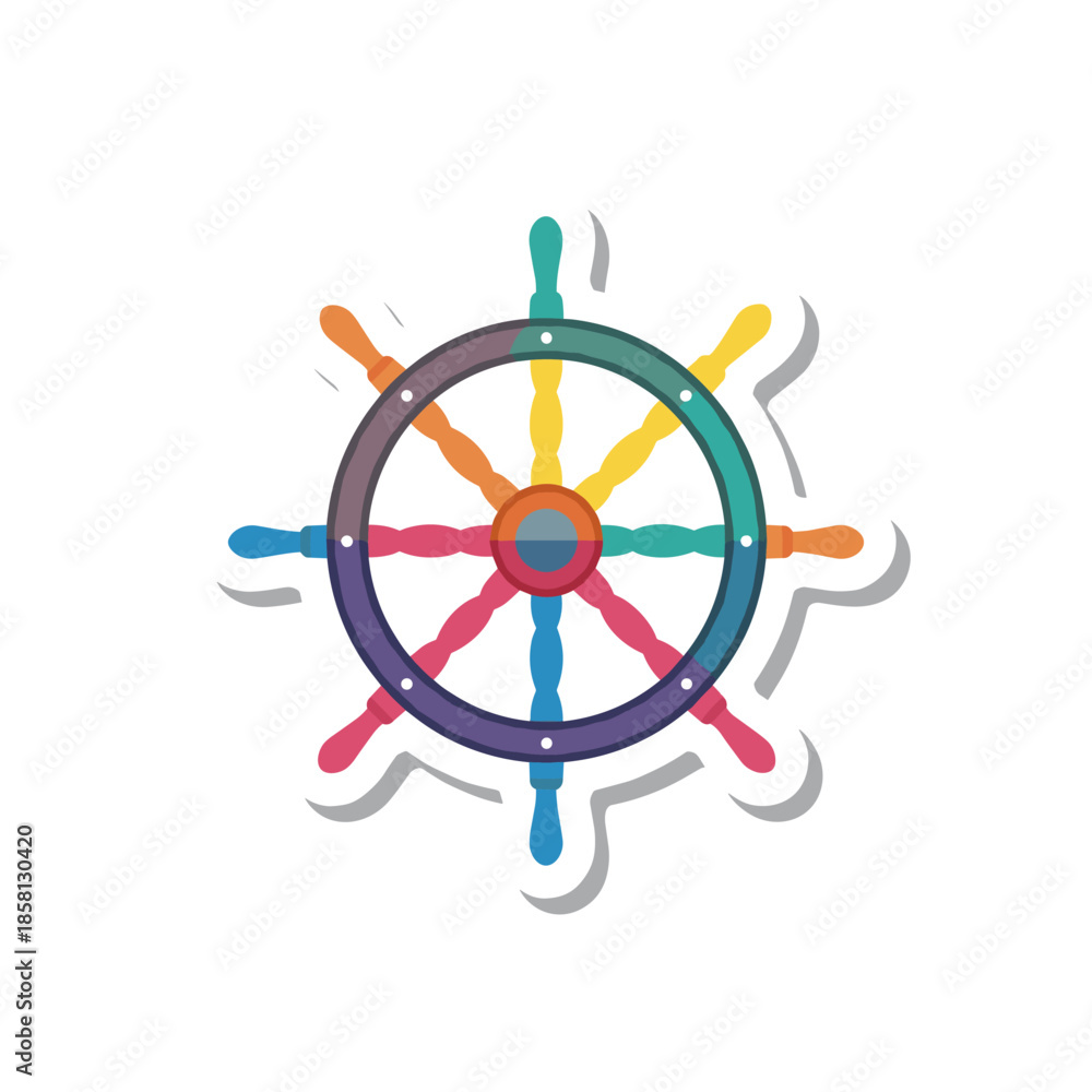 Obraz premium Colorful Ship Wheel Sticker Design on White Background.