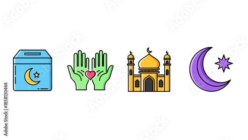 Islamic Ramadan Icon Set of Zakat, Charity Hands, Mosque and Crescent Moon – Flat Outline Vector Illustration
