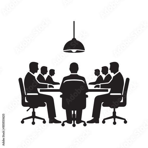 Business meeting silhouette vector illustration of a corporate team sitting at a conference table under a lamp. Group of people in a boardroom discussion isolated on white background.
