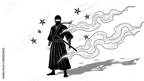Ninja vs. Samurai Warrior Under the Full Moon Illustration