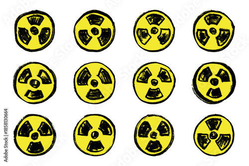 Set of hand drawn radiation sign Nuclear radiation hazard symbol Radioactive danger warning doodle Radioactive waste Single element for print, web, design, decor