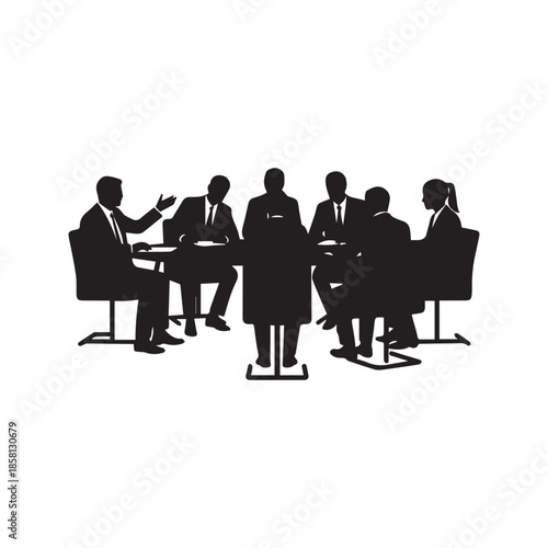 Business meeting silhouette vector illustration of a corporate team sitting around a conference table discussing strategy. Group of professionals in an office boardroom isolated on white background.
