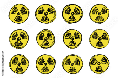 Set of hand drawn radiation sign Nuclear radiation hazard symbol Radioactive danger warning doodle Radioactive waste Single element for print, web, design, decor