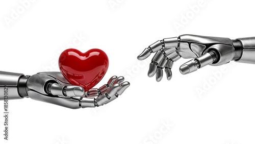 Robotic Hands Exchanging a Red Heart AI Love and Connection
