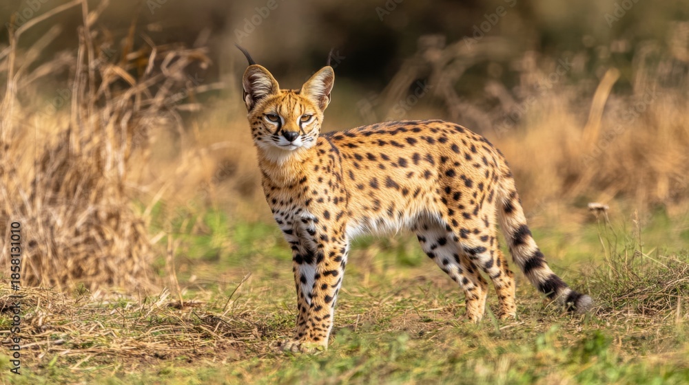 Fototapeta premium Alert Serval Cat Standing in African Grassland