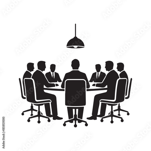 Business meeting silhouette vector illustration of a corporate team sitting at a conference table under a lamp. Group of people in a boardroom discussion isolated on white background.
