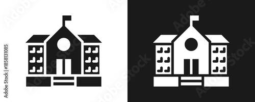 School Building Icon Set Glyph In White And Black Background