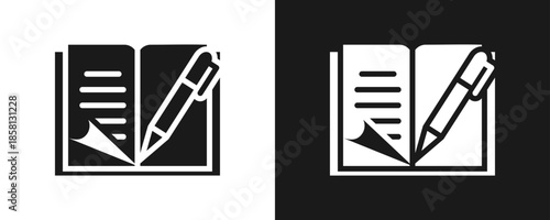 Book Writing Icon Set Glyph In White And Black Background