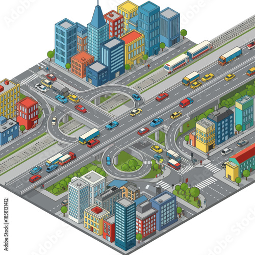 Isometric Cityscape with Buildings and Vehicles.