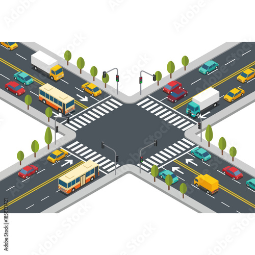 Isometric Road Junction with Vehicles and Traffic.