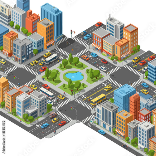 Isometric Cityscape with Buildings and Vehicles.
