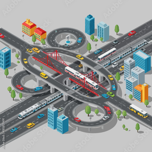 Isometric Highway Interchange with Vehicles and Trains.