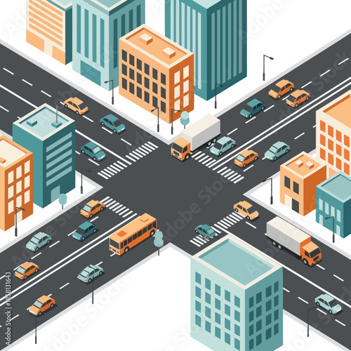Isometric City Street with Buildings and Vehicles.