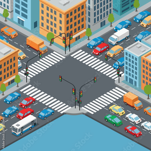 Isometric City Intersection with Traffic and Buildings.