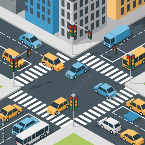 Isometric City Street with Cars and Traffic Lights.