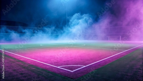 A vibrant soccer field illuminated by colorful lights and fog. The scene captures a dynamic atmosphere, perfect for sports events or nightlife themes.