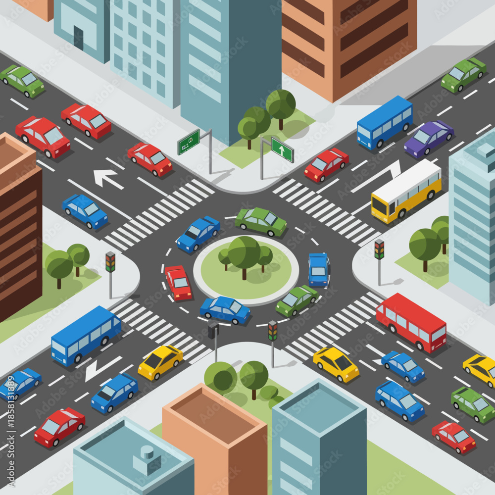 Obraz premium Busy City Roundabout with Vehicles and Buildings.