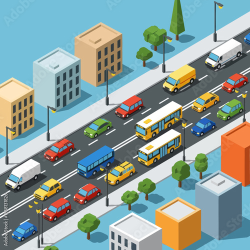 Isometric City Street with Vehicles and Buildings.