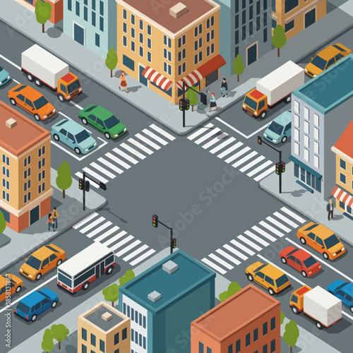 Isometric City Street Scene with Vehicles and Buildings.