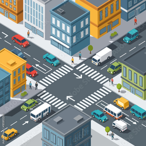 Isometric City Street Scene with Vehicles Pedestrians.
