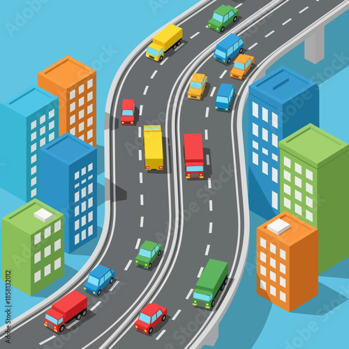 Highway with Vehicles and City Buildings.