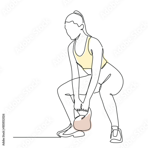 Young woman lifting kettlebell in squat one line drawing. Young woman lifting kettlebell in squat single line illustration. Young woman lifting kettlebell in squat minimalist line art.