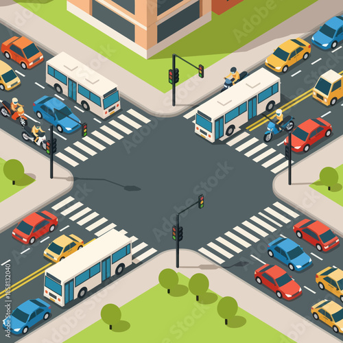 Busy City Street Intersection with Vehicles.