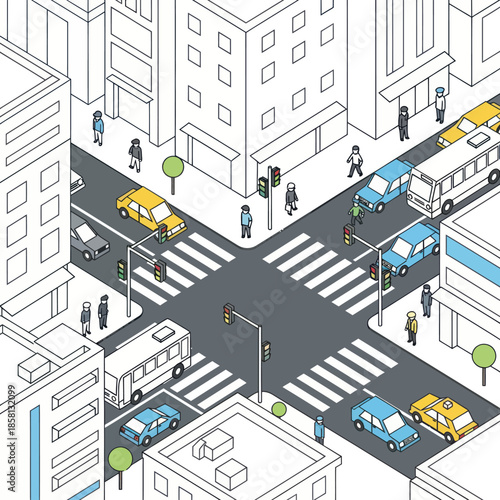 Isometric City Street with Vehicles and Pedestrians.