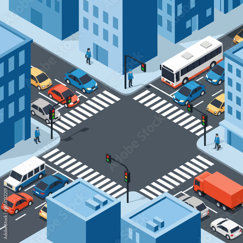 Busy City Street Intersection with Vehicles.