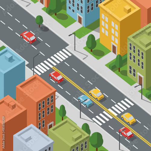Isometric City Street with Vehicles and Buildings.