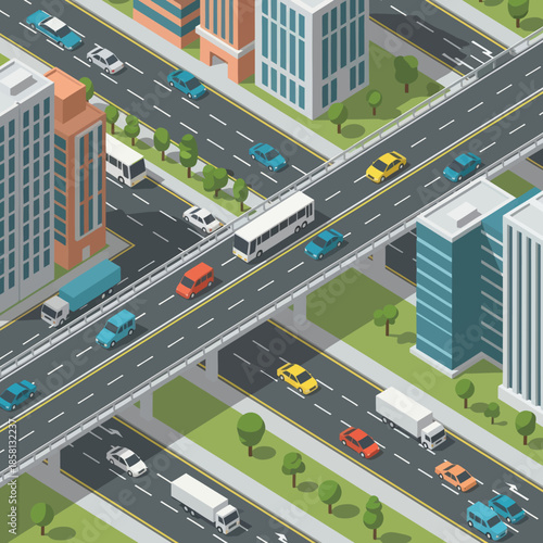 Highway with Multiple Vehicles and Buildings.