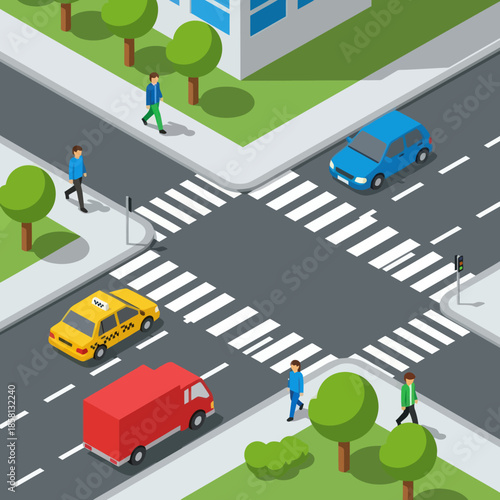 Busy Street Scene with Vehicles and Pedestrians.