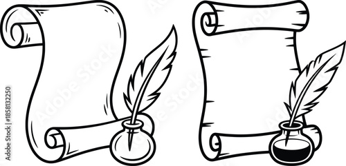 Vintage Scroll and Quill Line Art, Classic Writing Illustration.