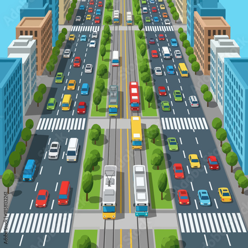 Busy City Street with Vehicles and Buildings.