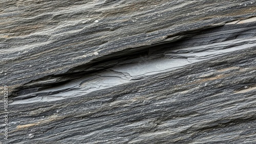 Close up of layered grey slate rock texture with natural striations.