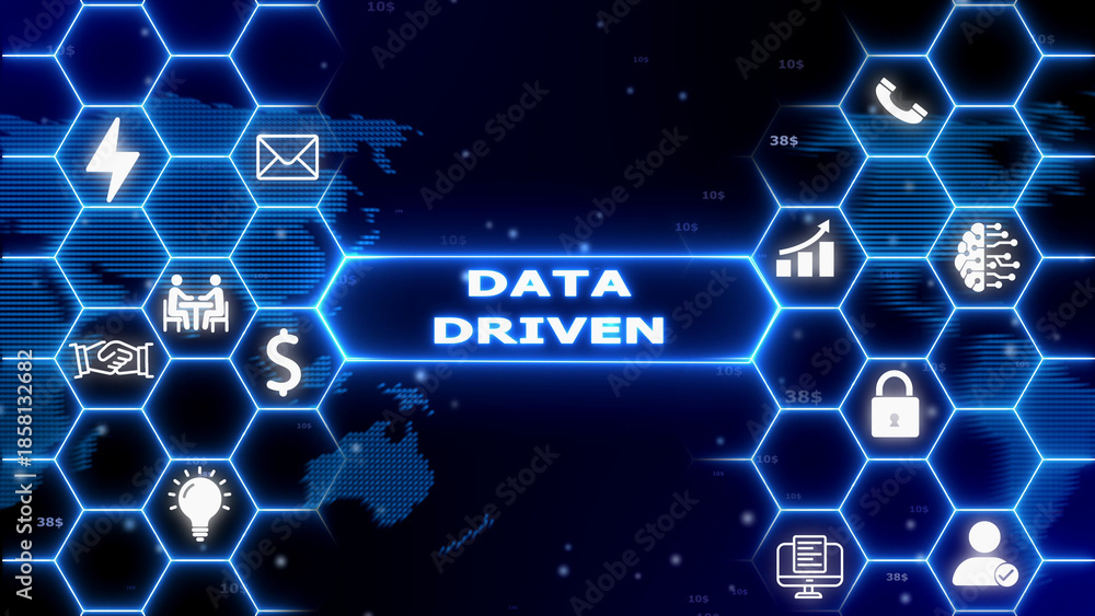 Obraz premium Glowing blue hexagonal grid with for data driven concepts, business growth, and technology on a dark map backdrop Keywords: data, driven, network, technology, digital, connection, global