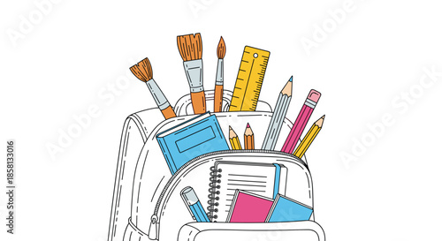 Line art illustration of an open school backpack filled with various colorful supplies like notebooks, pencils, brushes, and a ruler.