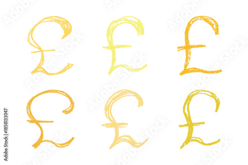 Set of hand drawn british pound currency symbol. Brush stroke doodle. Single element for design