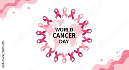 World Cancer Day promotional banner featuring a circle of pink ribbons around a world map with abstract pink wavy shapes in the corners.