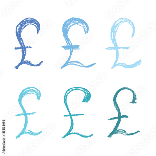 Set of hand drawn british pound currency symbol. Brush stroke doodle. Single element for design