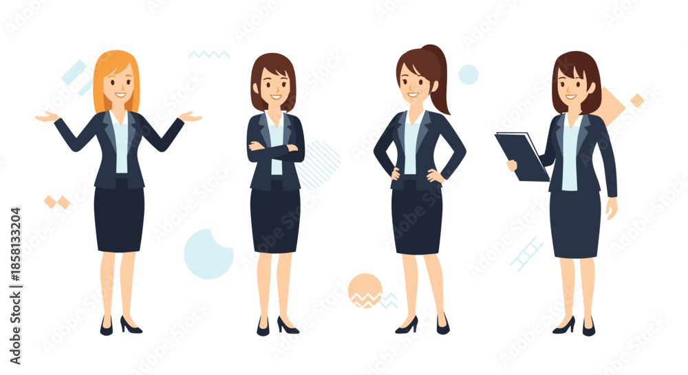 Obraz premium Collection of a female cartoon character in a business suit shown in four different poses: presenting, arms crossed, hands on hips, and holding a clipboard.