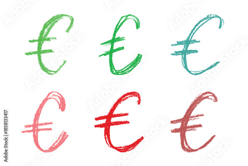 Set of hand drawn euro currency symbol. Brush stroke doodle. Single element for design