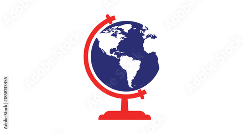 Simple two-color icon of a world globe with continents in blue, supported by a red stand, representing geography, travel, and education.
