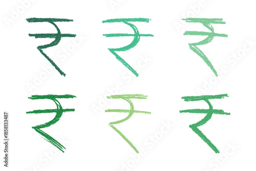Set of hand drawn rupee currency symbol. Brush stroke doodle. Single element for design