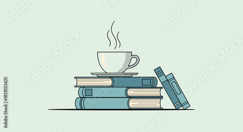 Minimalist illustration of a steaming white coffee cup resting on a stack of blue books against a light green background, evoking a cozy reading mood.