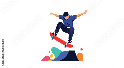 Action packed illustration of a skateboarder jumping over a ramp with a red skateboard and colorful background accents.