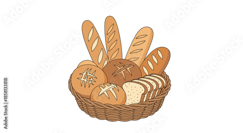 Assorted fresh bakery products including baguettes and round loaves presented in a woven wicker basket on a plain white background.