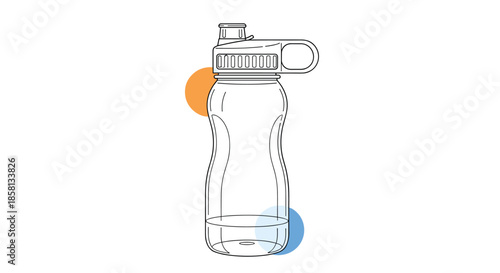 Empty reusable clear plastic water bottle with a grey and black sports cap shown against a clean white background with subtle circles.