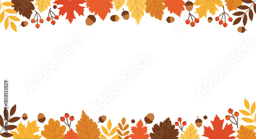 Beautiful autumn border composed of colorful fallen leaves and acorns arranged at the top and bottom of a horizontal white frame layout.