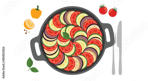 Top view of a traditional french ratatouille vegetable dish in a black skillet surrounded by fresh ingredients and cutlery elements.